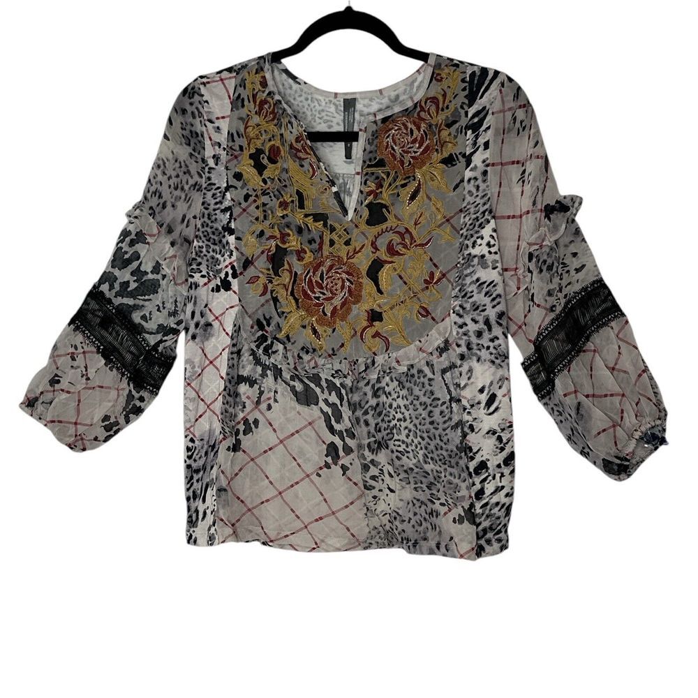 Anthropologie TOP Women XS Embroidered FLORAL RUFFLE Bohemian Boho Blouse